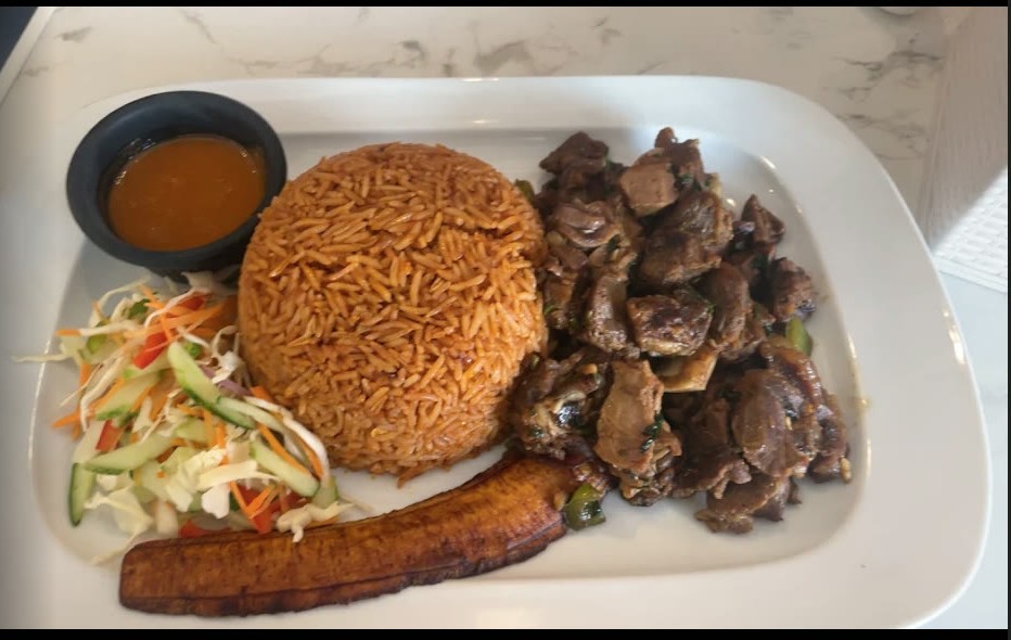 Juba Jollof rice served with beef