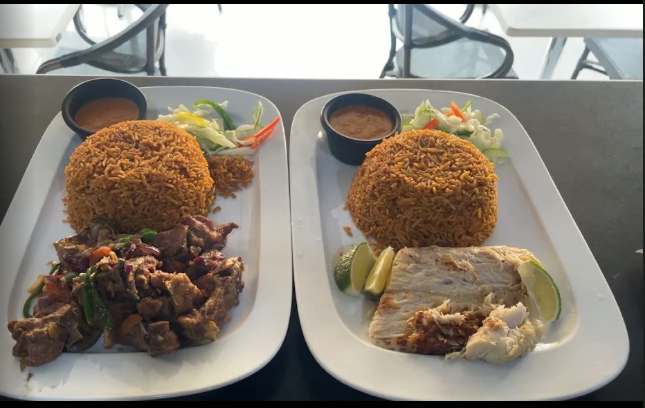 Signature Jollof rice with grilled fish at Juba Jollof Restaurant