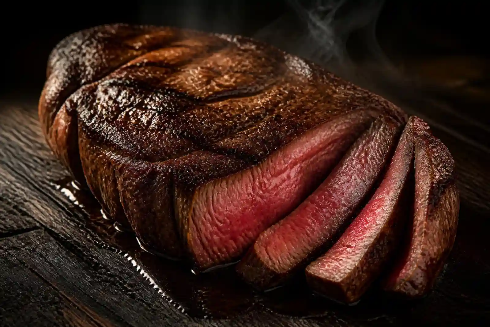 Thick flame-grilled beef steak with char marks, sliced open to show a medium-rare interior