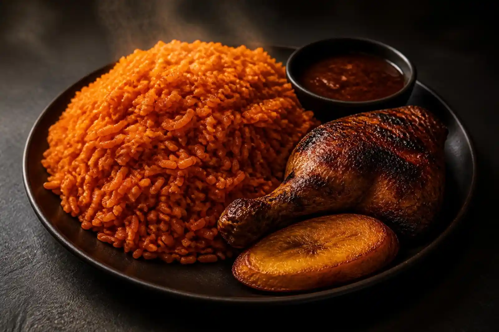 Red-orange jollof rice on a dark plate with half a grilled bone-in chicken, a small bowl of dark sauce and a piece of fried plantain