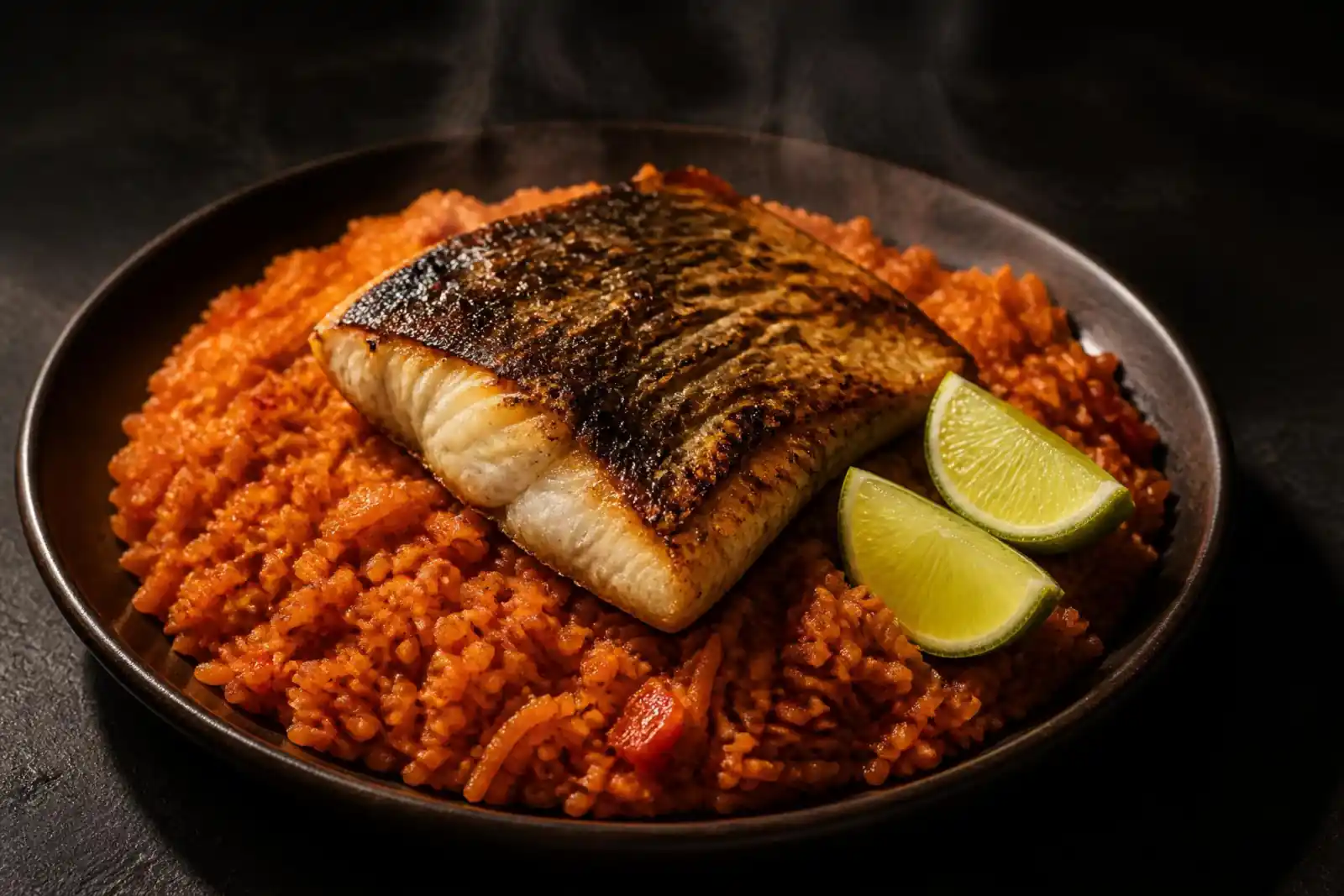 Red-orange jollof rice with a grilled white fish fillet and two lime wedges