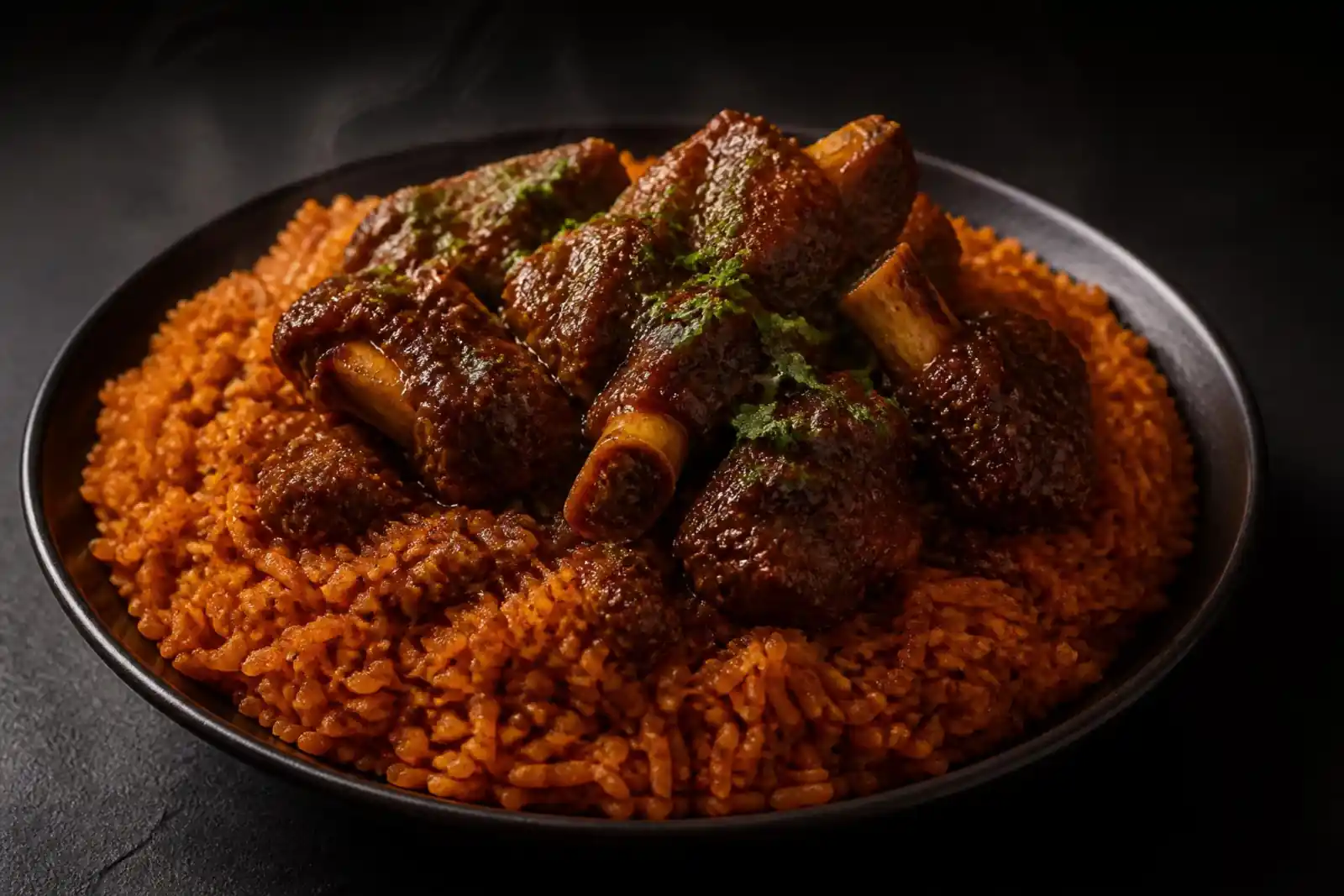 Red-orange jollof rice topped with stewed mutton on the bone in a glossy dark sauce