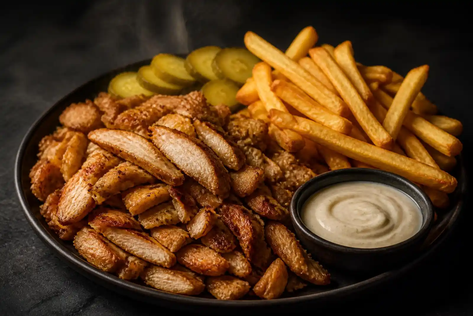 Sliced grilled chicken shawarma on a dark plate with french fries, pickles and garlic sauce