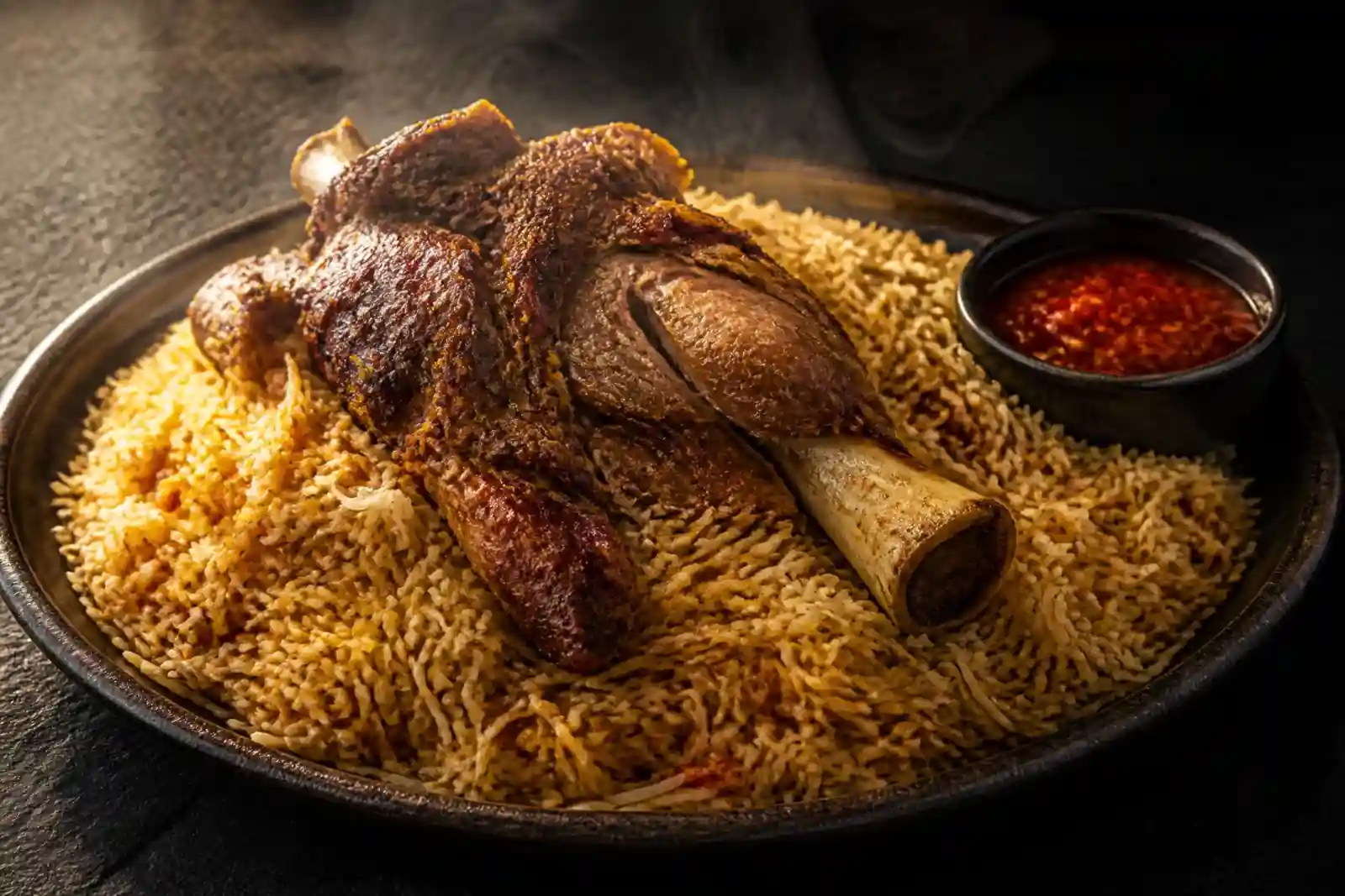 Spiced mandi rice on a large dark plate topped with slow-roasted lamb on the bone, with a small bowl of red chilli sauce